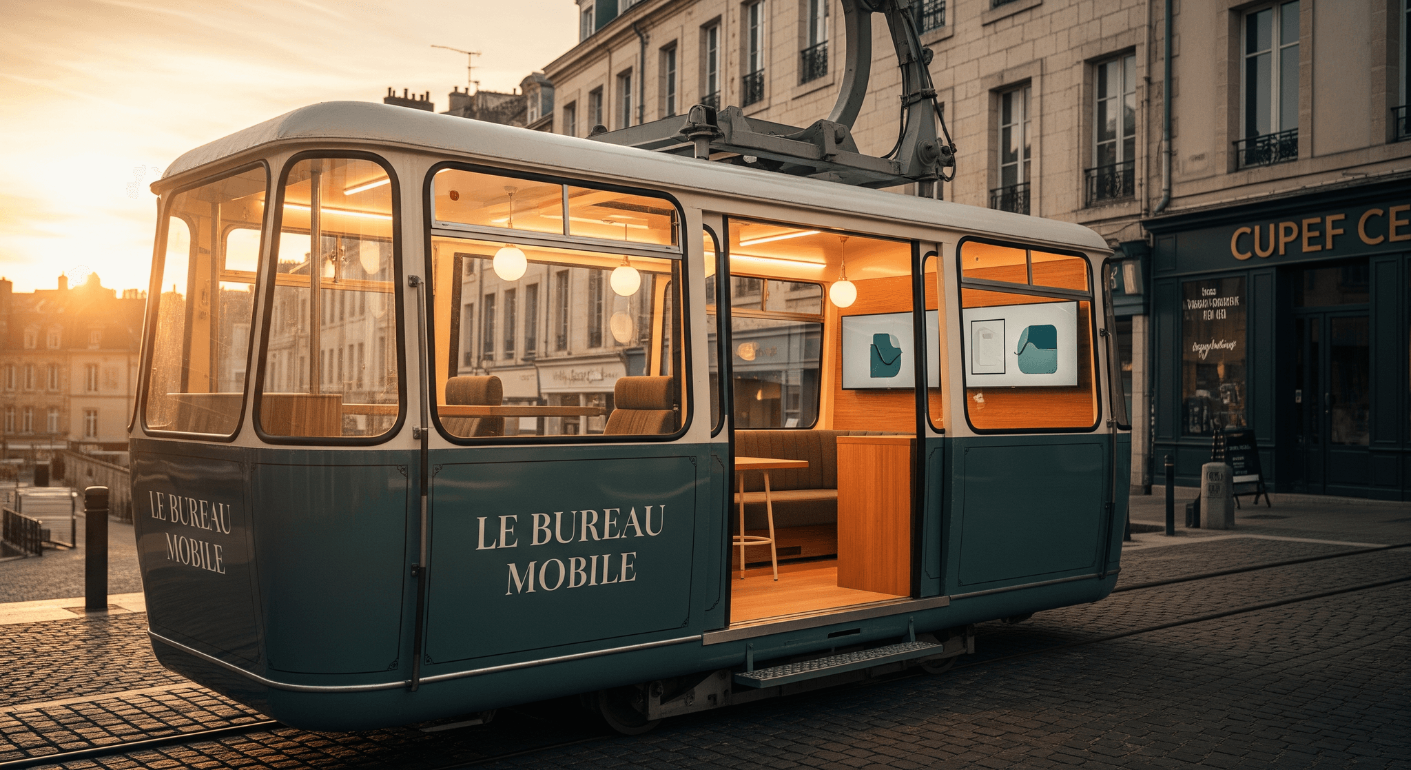 Tramway vintage vert et blanc réaménagé en bureau mobile, intérieur bois clair, sièges et écrans, sur rue pavée au coucher du soleil.