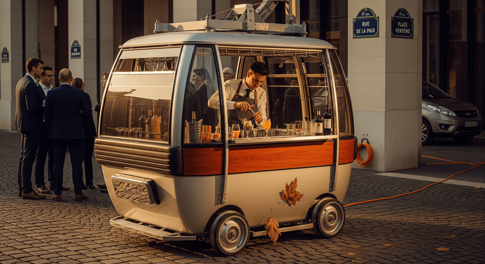 Télécabine réaménagée en bar à cocktails mobile, un mixologue sert des boissons élégantes pour un événement parisien.