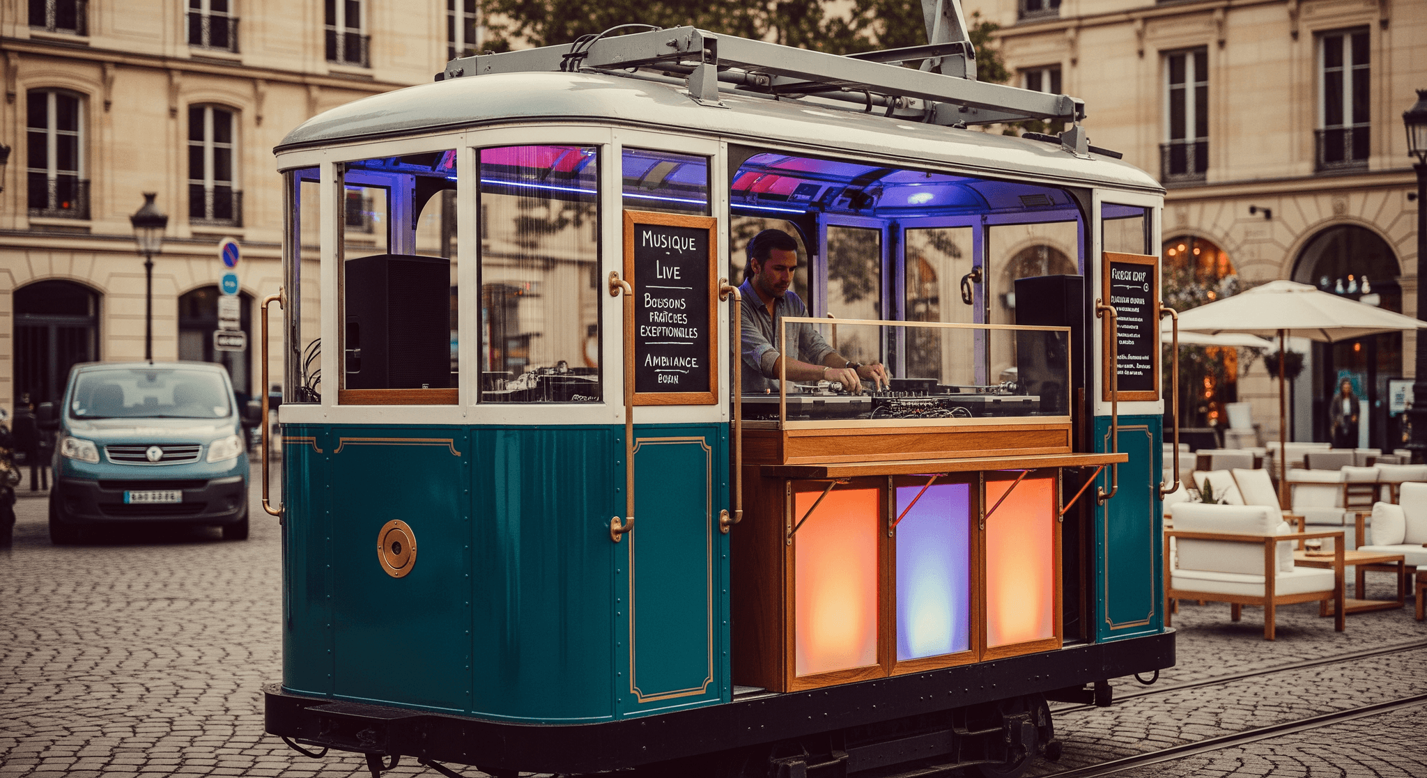 Kiosque musical mobile MCR style tramway vintage avec DJ, bar lumineux, idéal pour événementiel urbain.