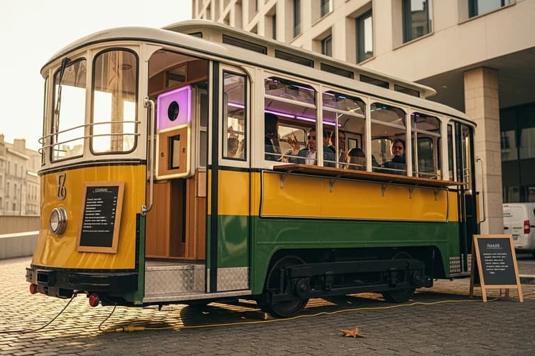Télécabine vintage jaune et verte aménagée en photobooth événementiel sur pavés urbains