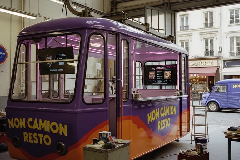 Télécabine violette reconvertie en food truck Mon Camion Resto dans atelier avec aménagement professionnel