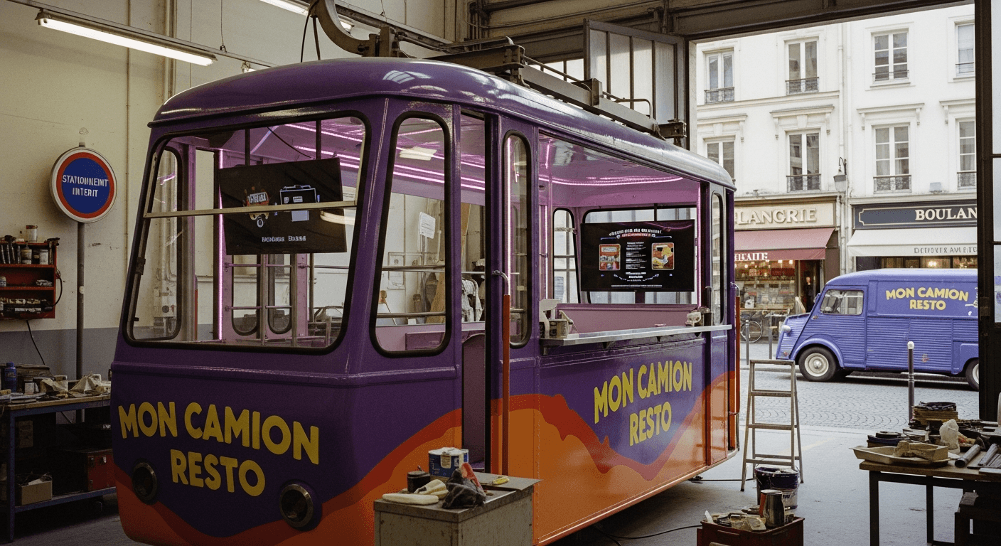 Télécabine violette reconvertie en food truck Mon Camion Resto dans atelier avec aménagement professionnel