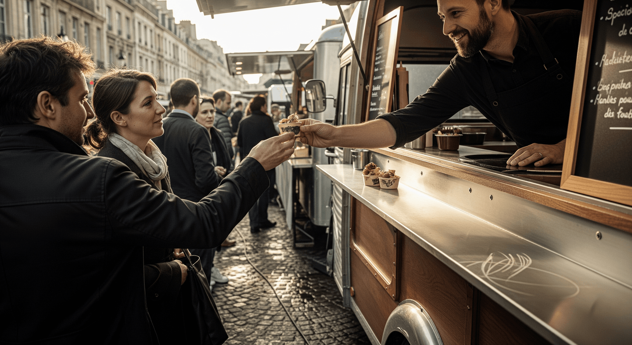 Vendeur souriant servant une dégustation à un client devant une remorque food truck au design bois et métal.