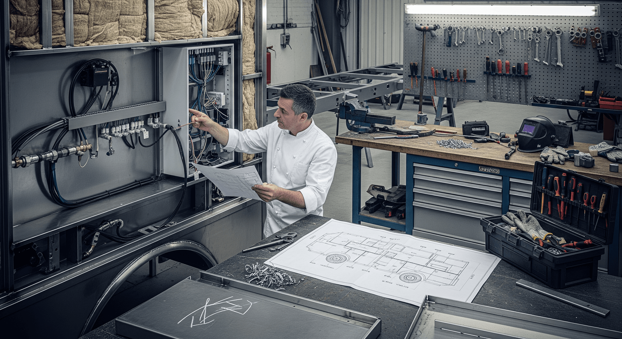 Chef inspectant l'intégration technique (électricité, plomberie) d'un food truck en construction, avec plan de fabrication.