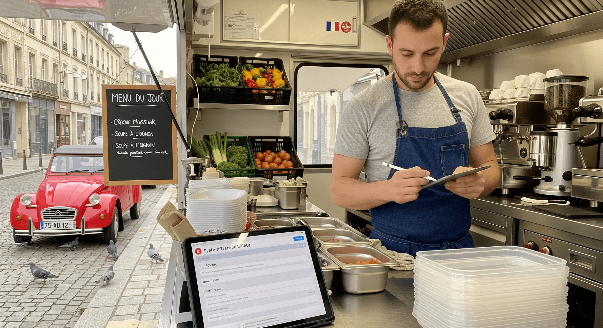 Chef en food truck, équipé d'une cuisine professionnelle, gère la traçabilité alimentaire sur tablette avec produits frais.