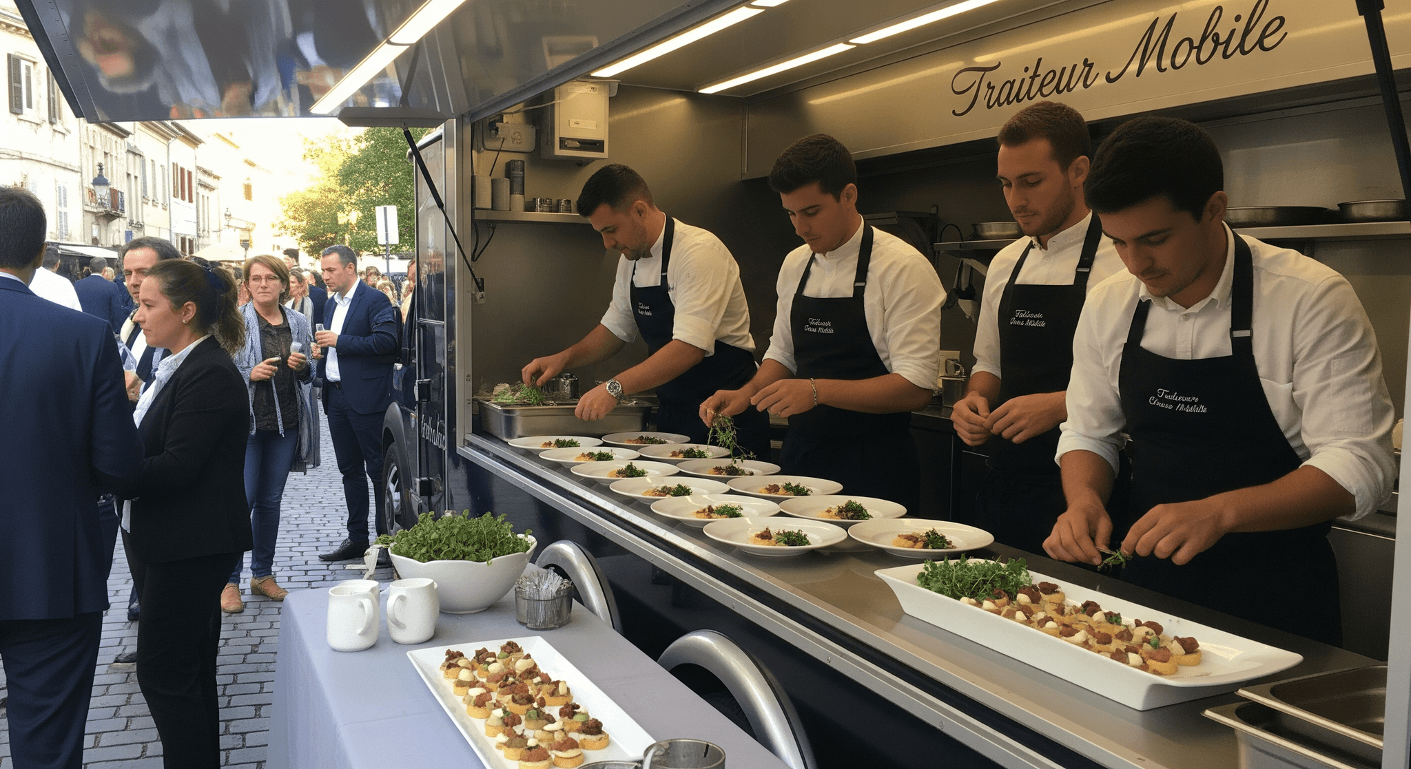 Quatre chefs en tablier finalisent des entrées sur plan de travail inox d'un food truck traiteur mobile haut de gamme lors d'un événement.