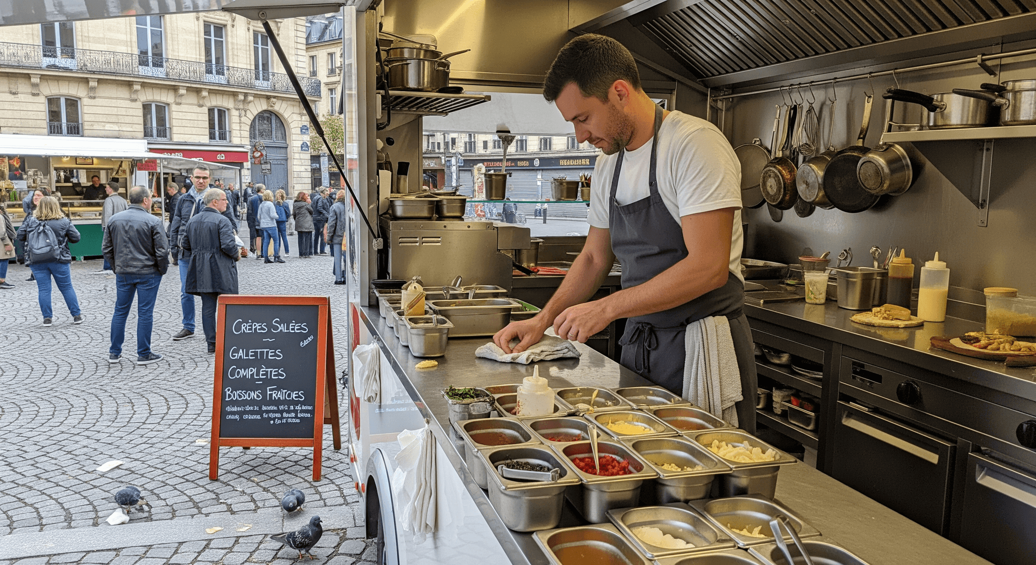 Chef préparant crêpes et galettes dans un food truck professionnel. Cuisine inox équipée, nombreux ingrédients frais en bacs.