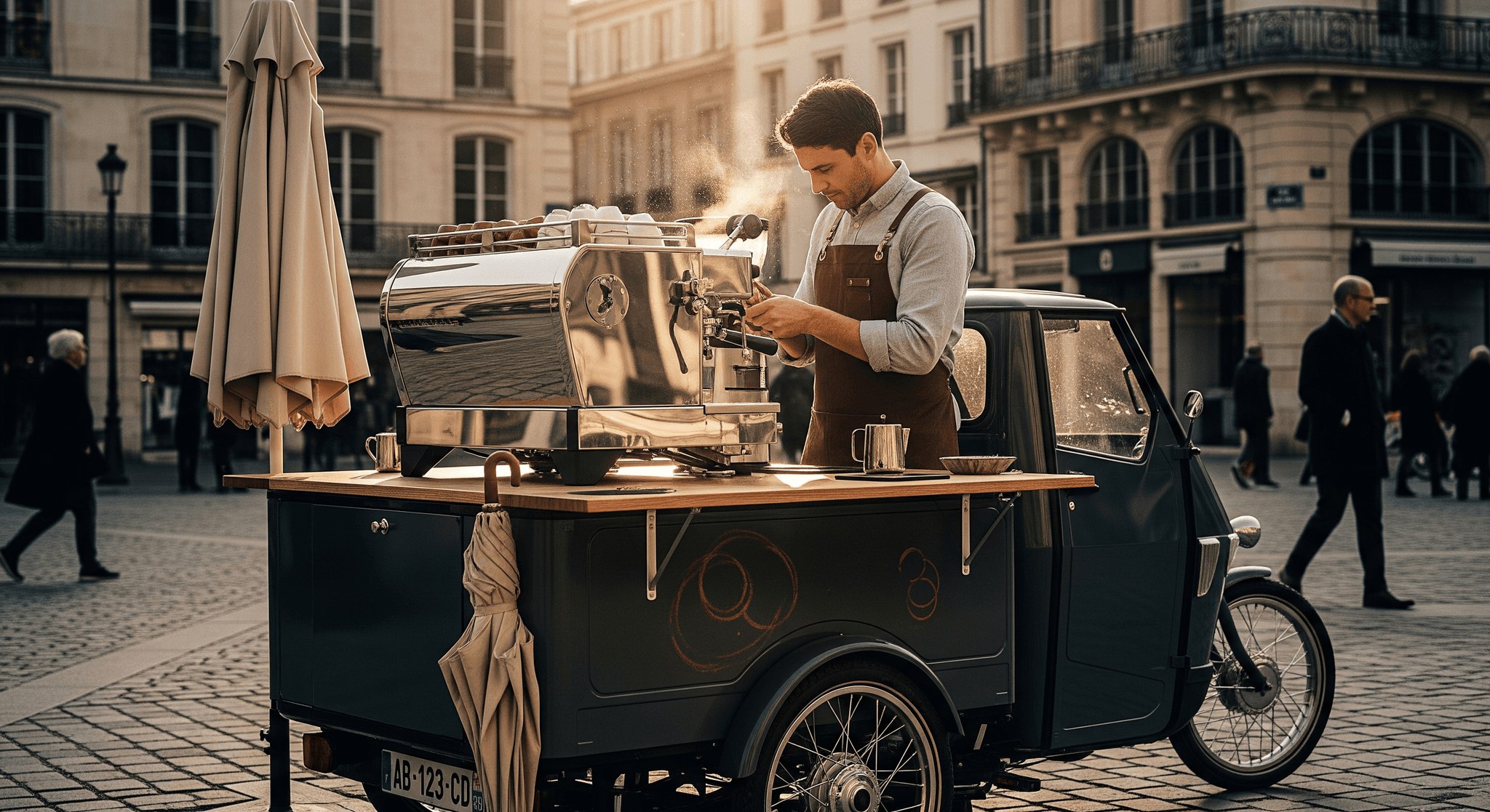 Barista sur triporteur café mobile vert, machine espresso chromée, concept de restauration ambulante en ville.