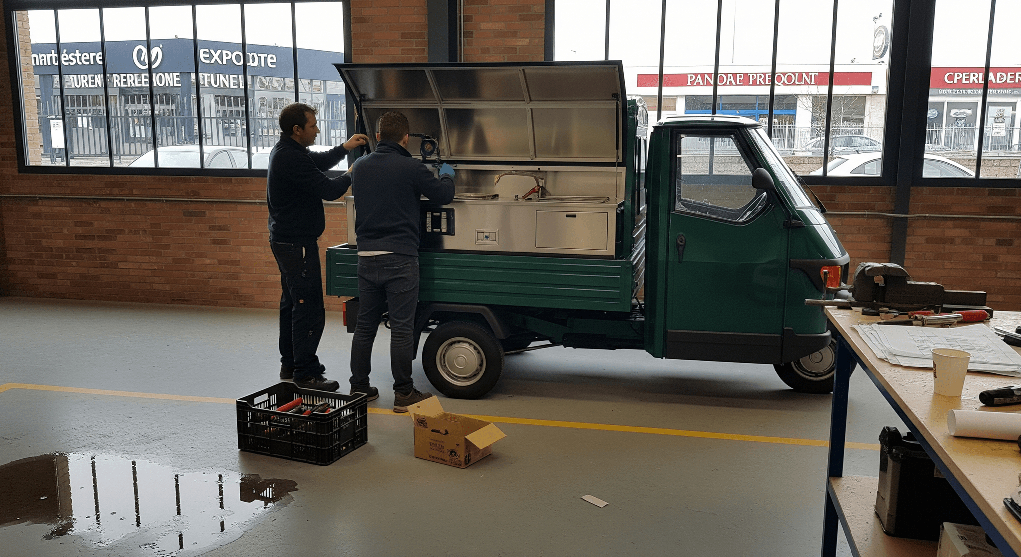 Techniciens MCR aménagent un triporteur Piaggio vert en food truck, installant l'équipement de cuisine professionnel en inox.