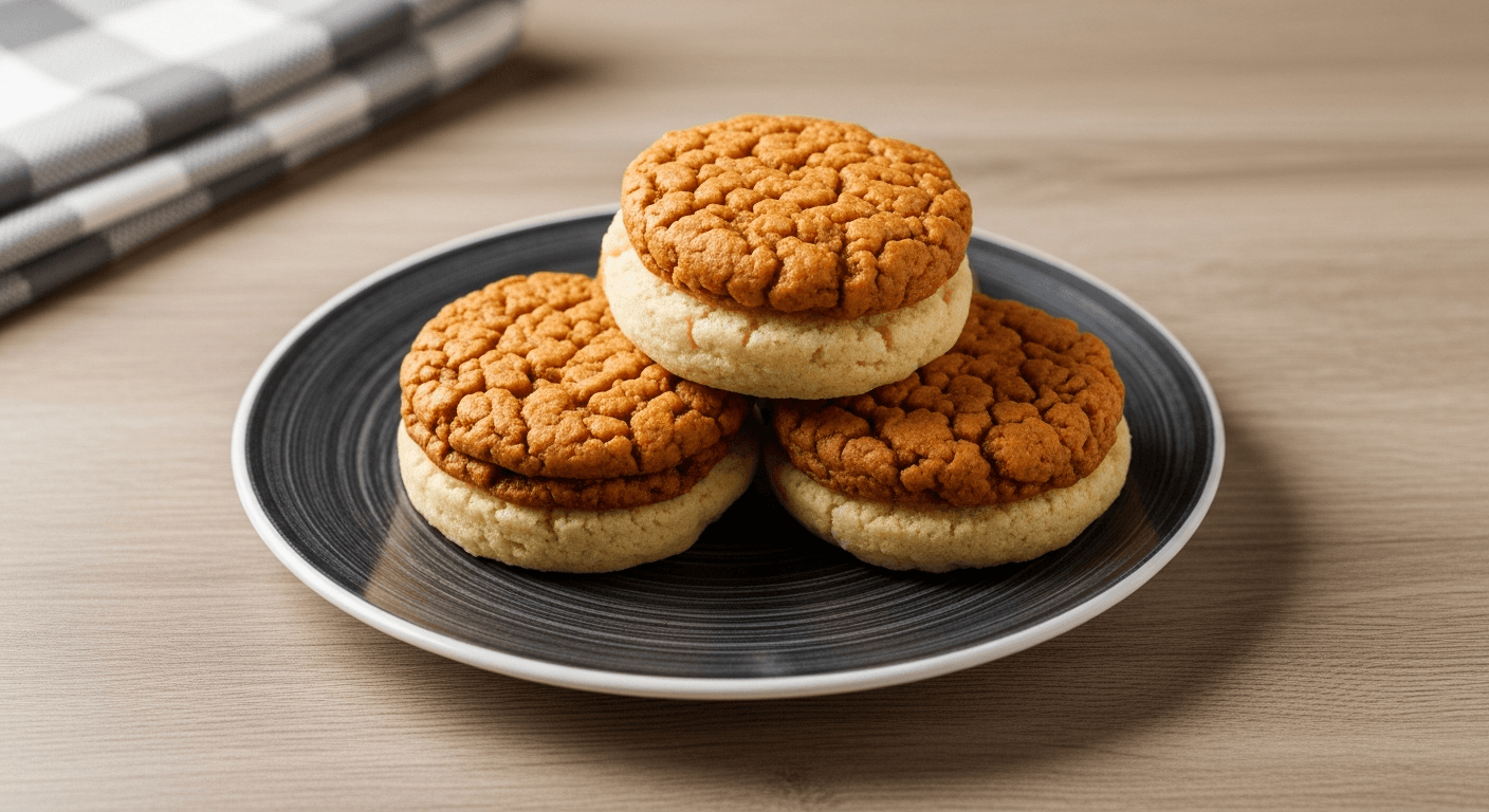 Trois sandwiches glacés artisanaux empilés sur assiette noire, biscuits dorés texturés et crème vanille