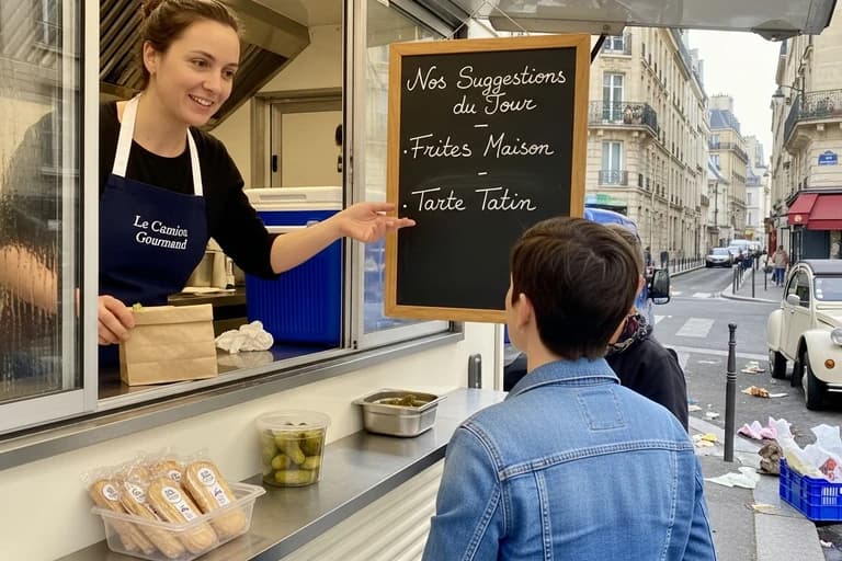 Vendeuse en food truck présentant le menu du jour à un client, ardoise avec suggestions visible