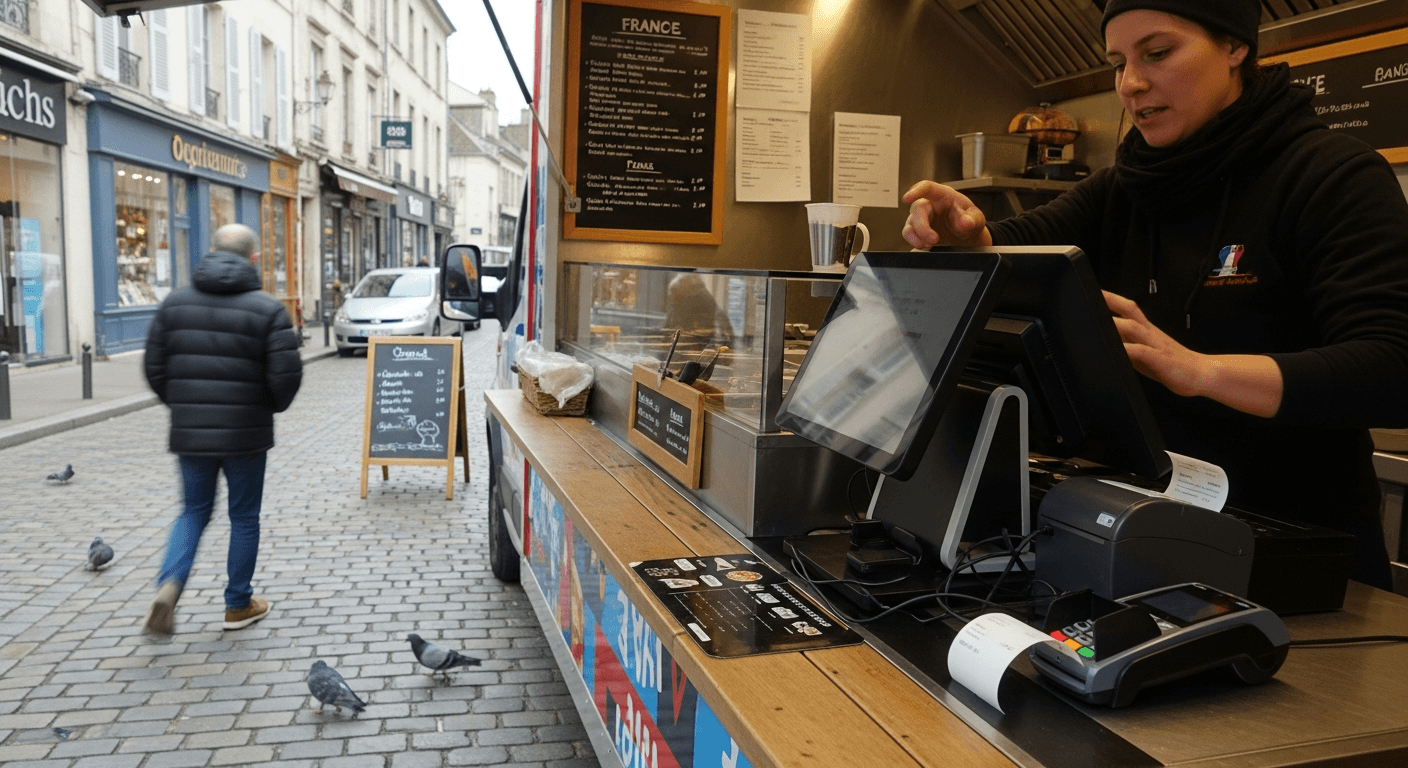 Vendeuse utilisant un système de caisse tactile dans un food truck français sur rue pavée